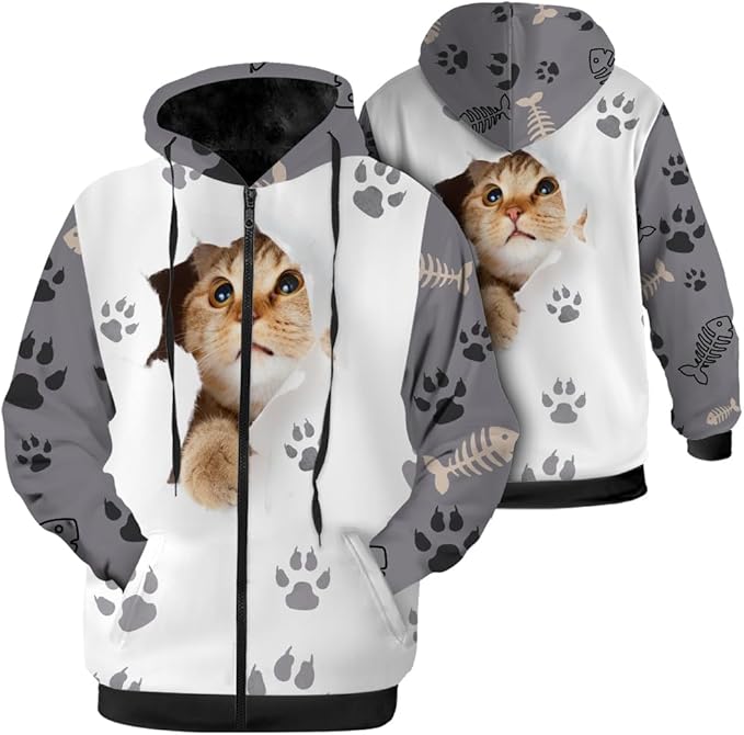 Cat Jacket for Men Women Paw Coat Hoodied Sweatshirts Zip Up Hoodies