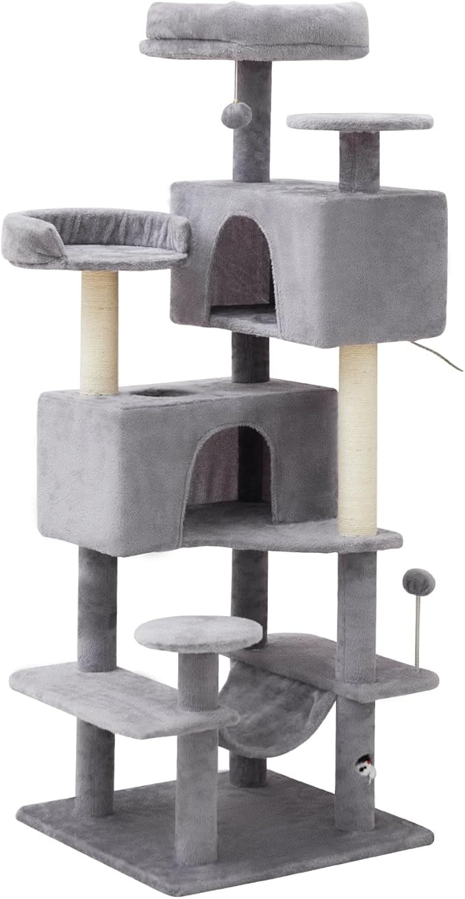 Cat Tree Tower with Large Hammock 54in Multi-Level Cozy Large Cat Tree with 2 Condo Top Perch Scratching Posts and Fun Cat Toys for Indoor Cats（Light Gray）