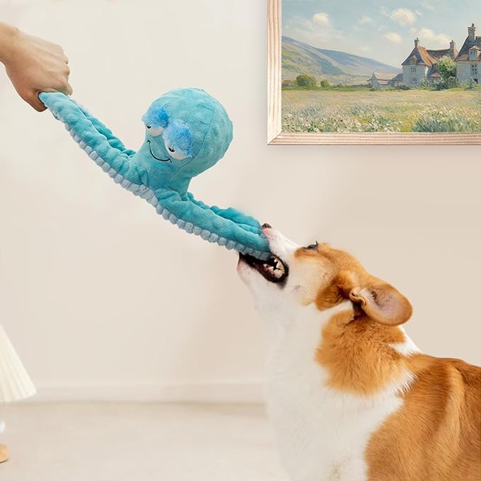 Squeaky Dog Toys - Interactive Plush Toys for Medium Dogs- Blue Octopus Toys for Tug of War
