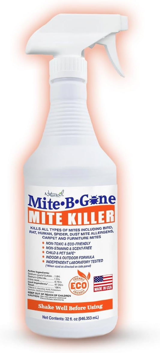 Mite Killer Spray by Mite-B-Gone — Kills Human Mites, Dust, Spider, Rat, Carpet & Bird Mites in Homes, Furniture, Bedding, Auto & On Animals | Non-Toxic | Kid & Pet Safe | 32oz Spray