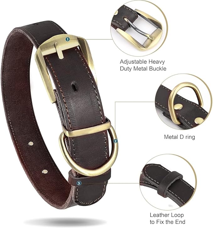Didog Genuine Leather Dog Collars with Engraved Nameplate, Personalized Soft Leather Dog Collar with Custom ID Tag, Brown/Green/Red for Medium Large Dogs (XL,Brown)