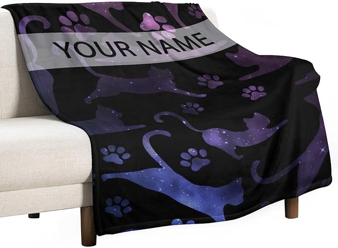 Personalized Cat Blanket Gifts with Name - 40"x50" Cute Throw Blanket for Adults Kids - Black Soft Plush Throws for Bed, Couch & Travel