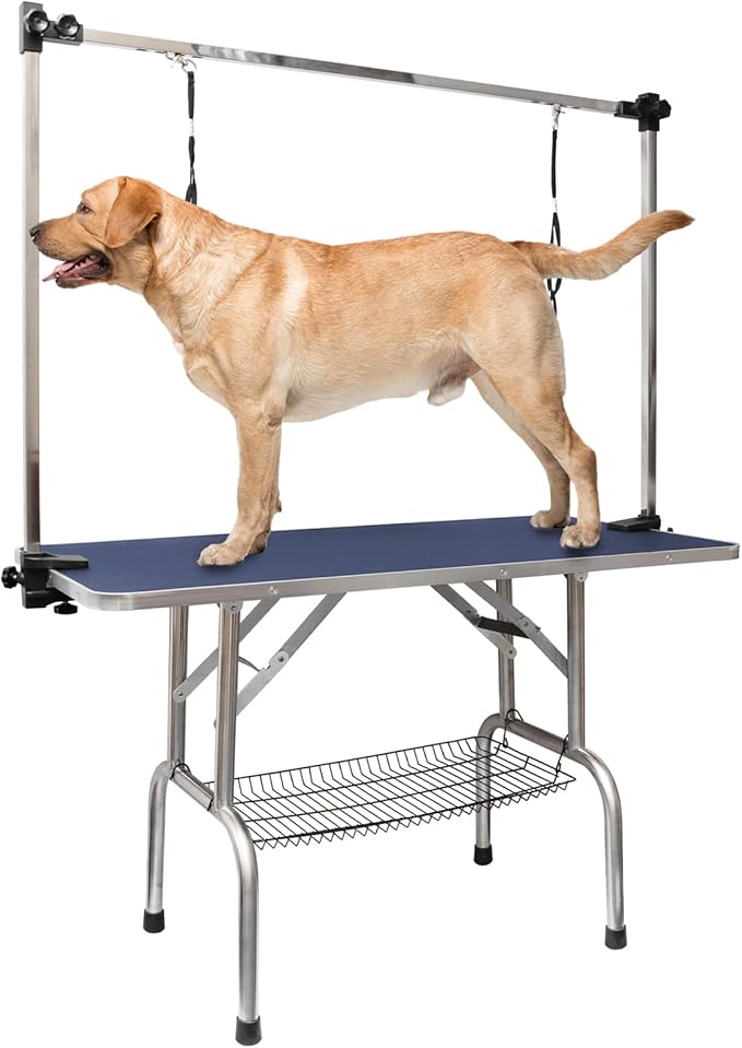 ROOMTEC 46" Dog Grooming Table,Foldable Home Pet Bathing Station with Adjustable Height Arm/Noose/Mesh Tray