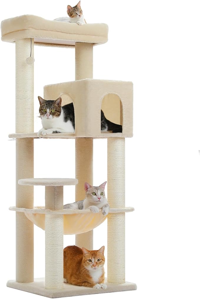 Large Cat Tree for Indoor Cats Large Adult, 57.8" Heavy Duty Cat Tower with 4 Reinforced Scratching Posts (φ3.7in) and Plush Larger Hammock for Maine Coon & Big Cats, Supports 30lbs, Beige
