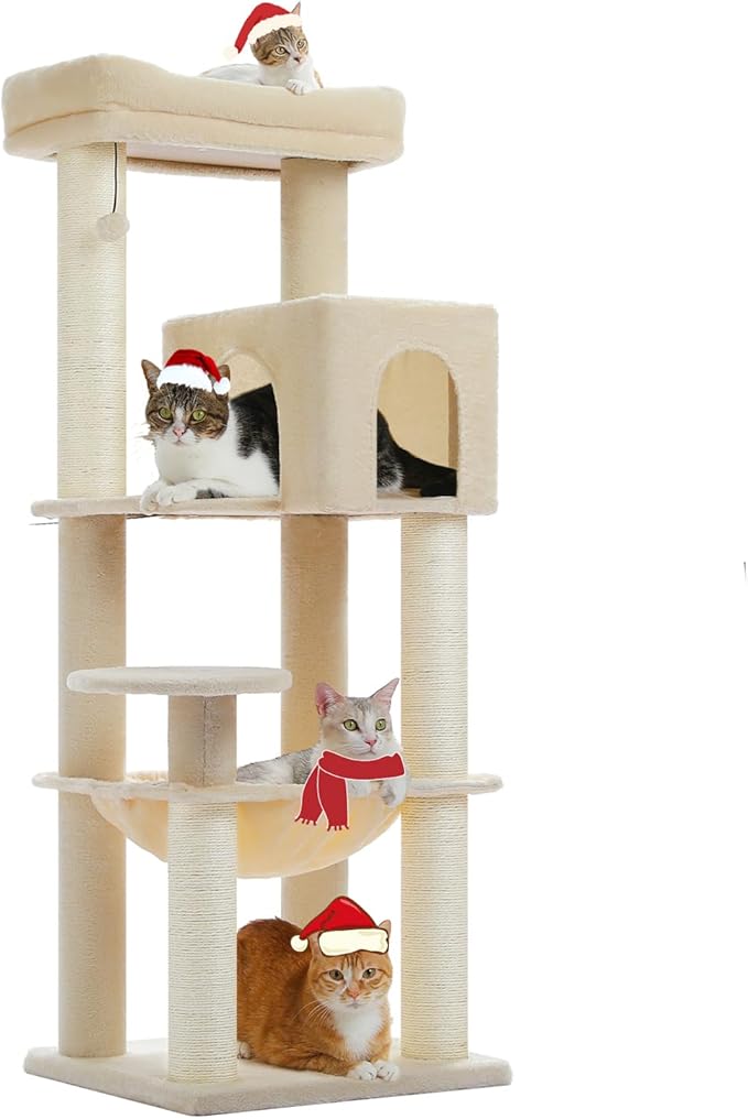 Large Cat Tree with Reinforced Scratching Posts (φ3.7in) for Big Adult Cats 30 lbs, 57.8" Heavy Duty Cat Tower with Larger Hammock and Condo, Cat Furniture for Maine Coon, Plush,Beige