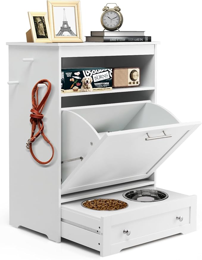 Pet Feeding Station Large Dog Feeding Station with Storage Dog Food Storage Cabinet with 2 Elevated Dog Bowls, Dog Food Storage Container, Pet Toy Storage Organizer, White PV10010WH
