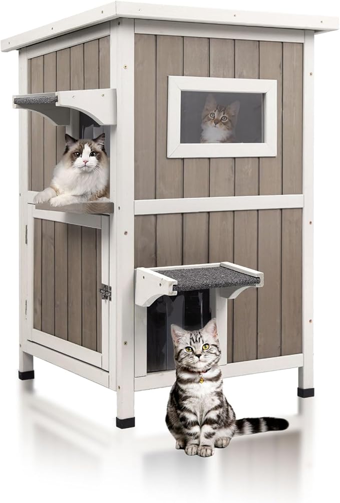 Outdoor Cat House Weatherproof, Two Story Wooden Feral Cat House Shelter with 2 Escape Door, Outside Cat Condo for Small Animals with Openable Asphalt Roof, Grey