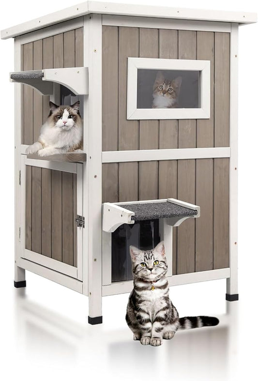 Outdoor Cat House Weatherproof, Two Story Wooden Feral Cat House Shelter with 2 Escape Door, Outside Cat Condo for Small Animals with Openable Asphalt Roof, Grey