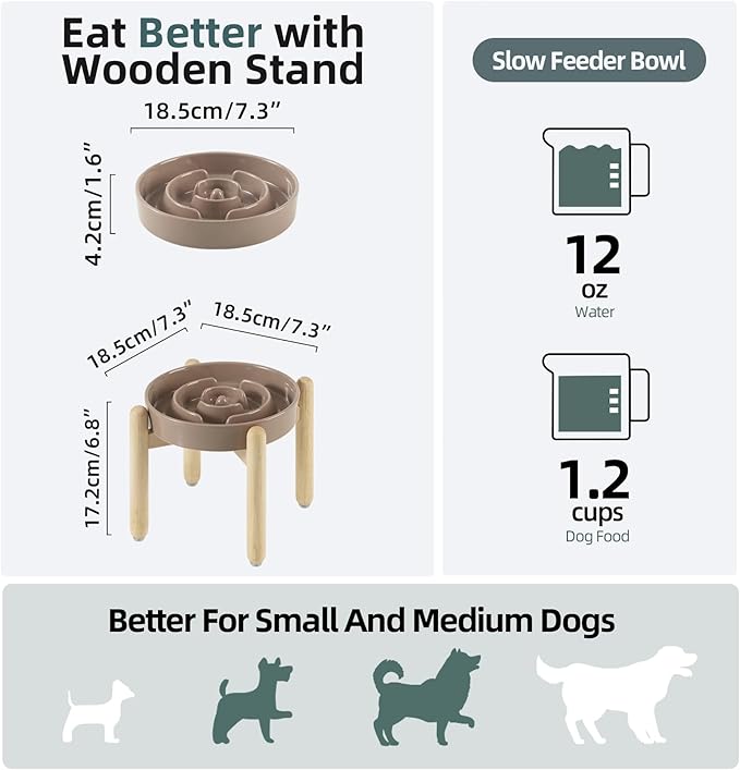 Ceramic 1.2 Cup Raised Slow Feeder Dog Bowl Set, Elevated Wooden Stand for Medium and Small Dog, 7.3inch Puzzle Slow Dish, Preventing Choking(Brown Coffee, Single Bowl+ Stand)