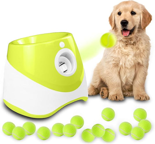 Automatic Dog Ball Launcher, Dog Ball Thrower Machine with 10-30Ft 3 Launching Distance, Interactive Toys for Small Dogs Indoor & Outdoor with 15 Mini Tennis Balls-2 Inch Light Green
