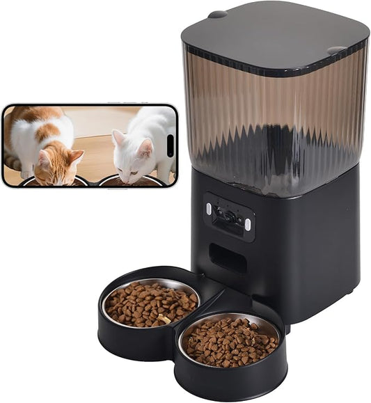 Automatic Cat Feeder, Camera Auto 2 Cats Dispenser 5L Microchip WiFi 2.4G&5G Timed Dual Pet Smart APP Dry Food Self Feeding Container Station (Black)