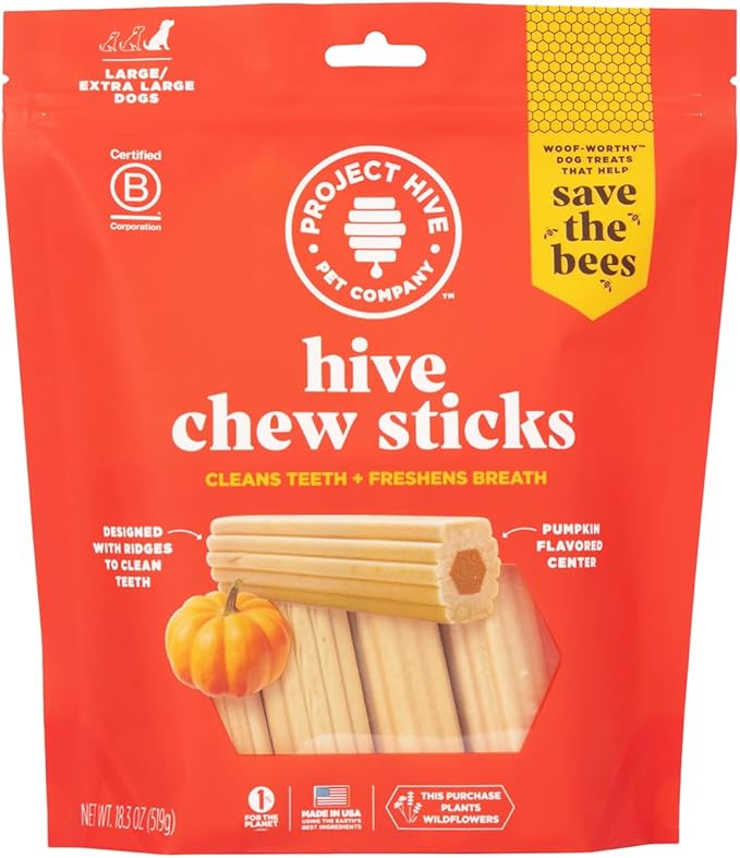 XL Pumpkin Dental Treats for Dogs - 18.3 oz Ñ Healthy, Vegetarian, Natural Pumpkin and Honey, Vegetarian Dog Chews, Made in The USA (Chew Sticks, Large Breeds)-Clean Teeth and Freshens Breath