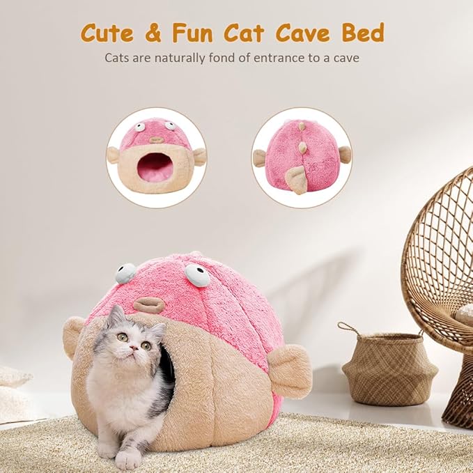 Cat Beds for Indoor Cats - Cat Bed Cave with Removable Washable Cushioned Pillow, Soft Plush Premium Cotton No Deformation Pet Bed, Lively Pufferfish cat House Design, Pink, Multiple Sizes