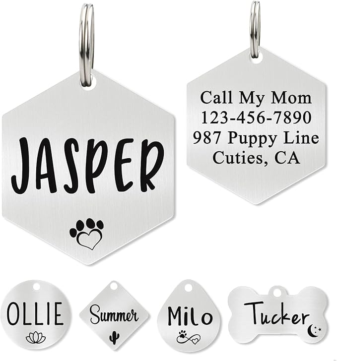 Ultra Joys Custom Personalized Hexagon Dog ID Tag - Brushed Stainless Steel Silver, Small