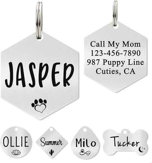 Ultra Joys Custom Personalized Hexagon Dog ID Tag - Brushed Stainless Steel Silver, Small