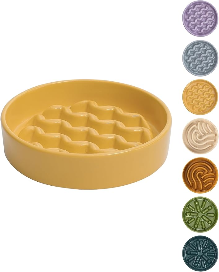 Ceramic Maze Dog Slow Feeder with Non-Slip Silicone Rim – Heavy-Duty Stoneware Bowl with Puzzle Pattern for Bloating & Obesity Prevention (Yellow-S)