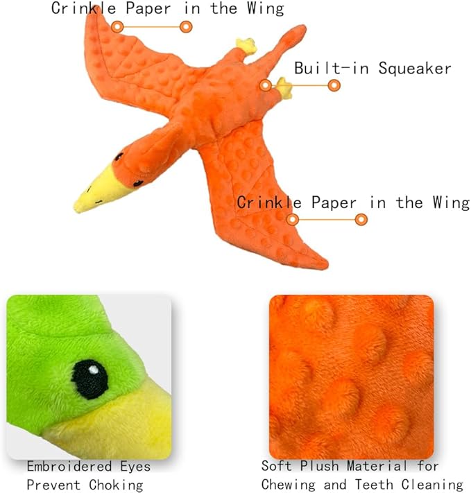 Squeaky Dog Toys Plush Dog Toy with Crinkle Paper Stuffed Durable Dog Chew Toys for Small Middle and Large Dogs Pterodactyl Green