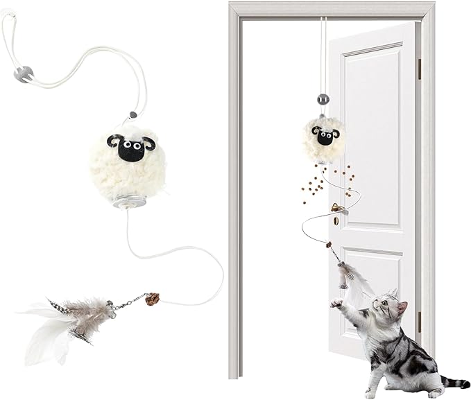 Interactive Cat Toys for Indoor Cats - [2025 New] Elastic Cat Feather Toys with Lamb-Shaped Puzzle Dispenser, Hanging Enrichment Toy That Delivers Joy and Award