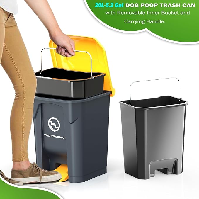 Outdoor Dog Poop Trash Can with Pooper Scooper & 60 Free Poop Bags -20 L/5.2 Gallon Dog Waste Trash Can Pet Waste Disposal Station with Inner Bucket - Metal Dog Pooper Scooper Great Dogs