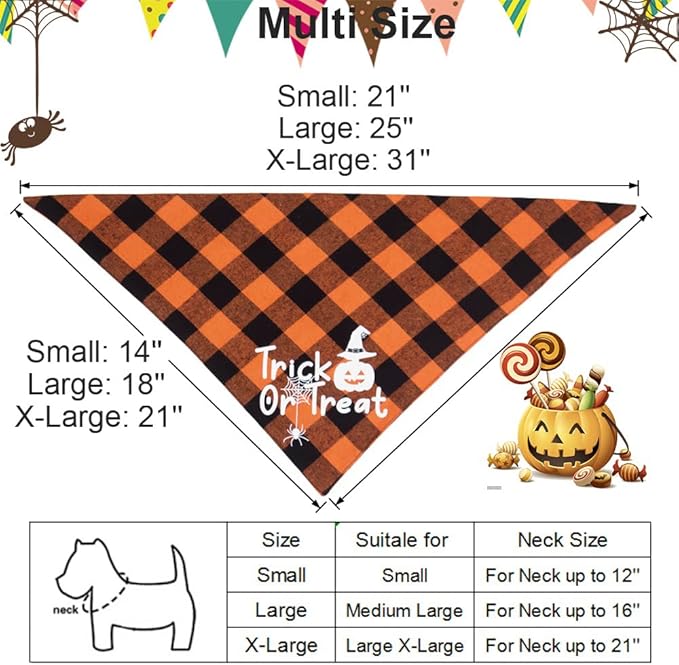 ADOGGYGO Halloween Dog Bandanas, Classic Orange Purple Plaid Pet Scarf Bib, Premium Cotton Fabric, Multiple Sizes, Halloween Bandanas for Small Dogs Pets (Small)