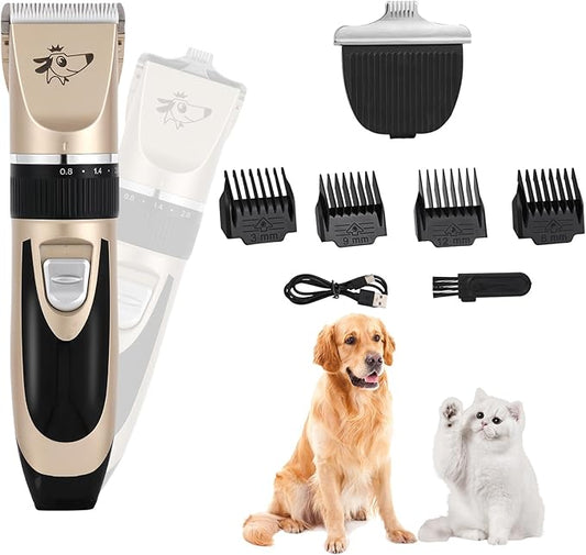 Aovdy Dog Clippers Grooming Kit Dog Shaver Clippers Hair and Paw Electric Cleaning Hair Clippers Set for Dogs Cats Rabbit (Gold, Limit Combs Set+Foot Shaving Blade)