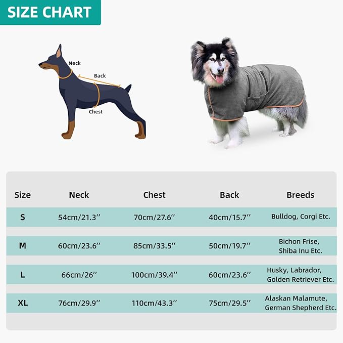 Dog Drying Coat Bathrobe Towel, Microfibre Material Fast Drying Super Absorbent Dog Bath Robe, Pet Quick Drying Moisture Absorbing with Adjustable Collar and Waist