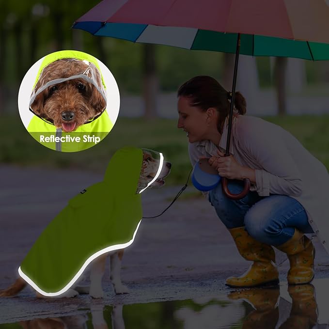 Lukovee Dog Raincoat, Adjustable Dog Rain Jacket with Clear Hooded Double Layer for Large Medium Small Dogs Puppies, Waterproof Rain Coat Poncho with Reflective Storage Pocket & Rim (Green, M)