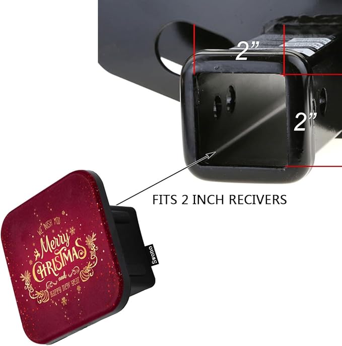 Swono Merry Christmas Truck Hitch Cover, 2" Square Trailer Hitch Cover Tube Plug Insert, Easy to Install, Red Gold Glitter