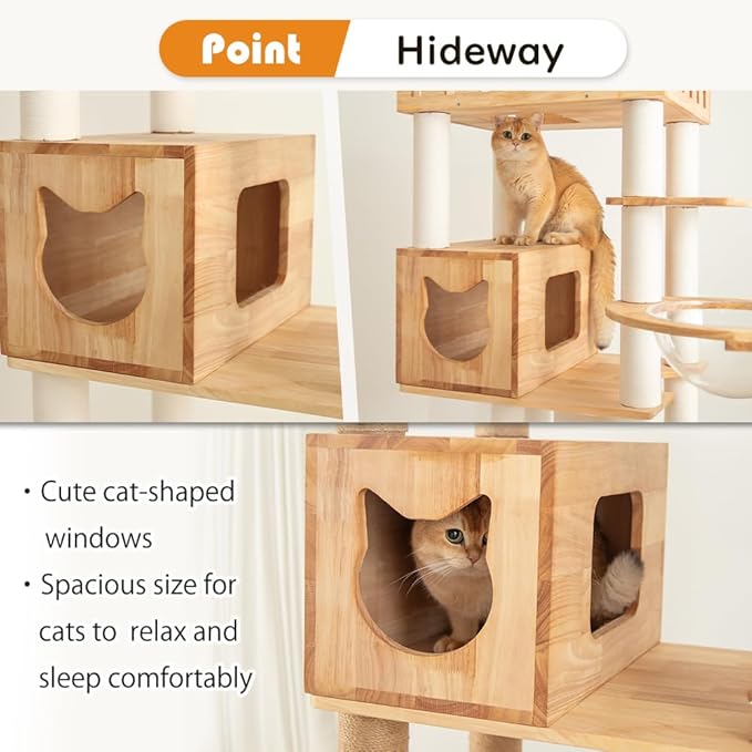 74" Wooden Cat Tree Tower for Large Cats, Multi-Level Cat Climbing Furniture with Scratching Posts, Cat Condo & Hammock, Natural Wood Cat Activity Center(White)