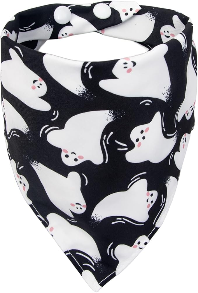 Halloween Dog Bandanas Black Ghost Spooky Boo Costumes, Cute Holiday Triangle Pet Scarf with Snap Button for Boys, 75lbs+, Extra Large Breed