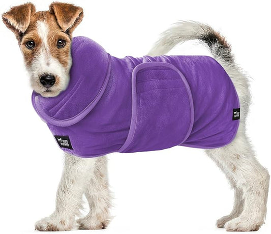 Tuff Pupper Fast Drying Dog Bath Robe | 800 GSM Plush Dog Towel Bathrobe/Dressing Gown | Super Absorbent Pet/Puppy Bathrobe | Adjustable Hood & Belly Strap | Super Soft | Fast Drying (XS, Purple)