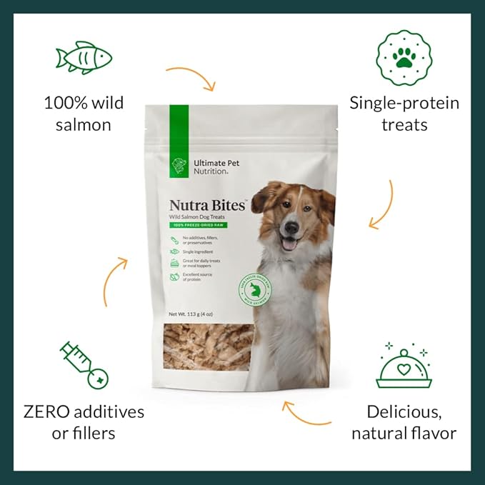 ULTIMATE PET NUTRITION Nutra Bites Freeze Dried Raw Single Ingredient Training Treats Food Topper for Dogs, 4 Ounces, Wild Salmon