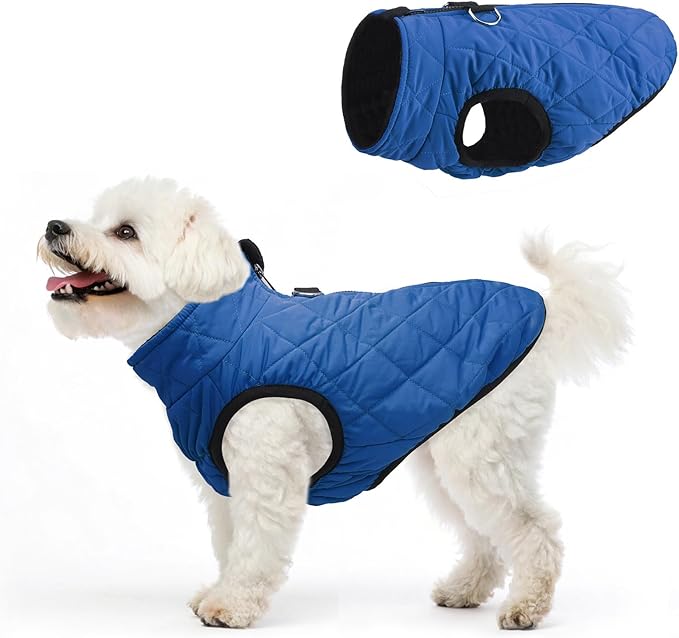 SCENEREAL Winter Dog Vest Coat with Harness Built in, Warm Puppy Jacket for Small Medium Dogs, Cold Weather Coat with Zipper, Fleece Puffer Vest Windproof Snow Clothes, Blue M