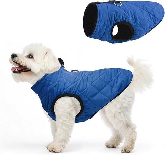 SCENEREAL Winter Dog Vest Coat with Harness Built in, Warm Puppy Jacket for Small Medium Dogs, Cold Weather Coat with Zipper, Fleece Puffer Vest Windproof Snow Clothes, Blue M