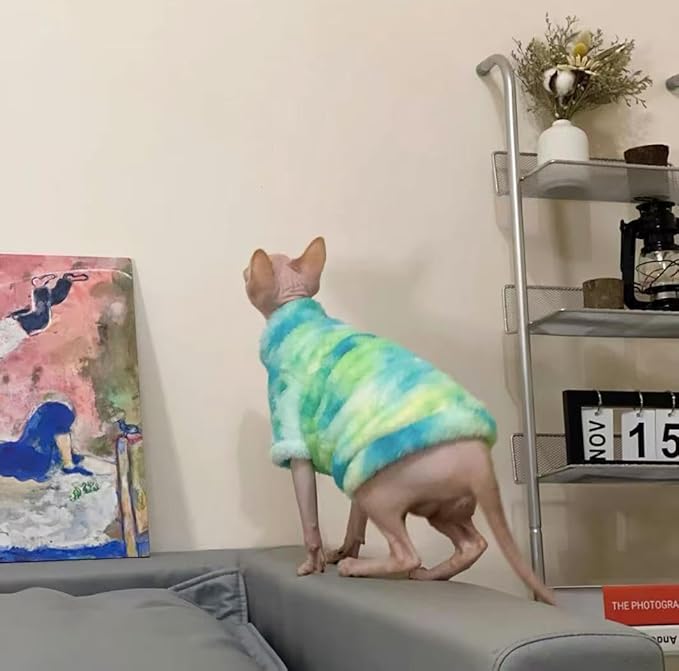 Sphynx Cat Warm Turtleneck Sweater, Thick Soft Double-Sided Fleece Clothes for Cats, Two-Legged Winter Onesie for Cats and Small Dogs,Pjs for Cats and Puppy (Green Tie-dye, XXL (8.5-12.5lbs))