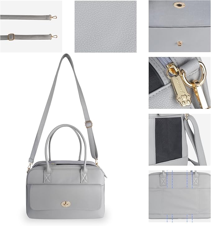 Fashion Pet Carrier Dog Purse Carrier Cat Soft-Sided Carriers for Puppy Kitten, Stylish Leather Handbag Tote Travel Pet Bag for Small Dogs Cats, TSA Airline Approved (Grey)