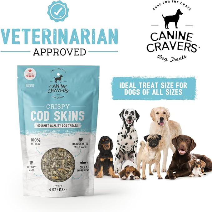 Canine Cravers Single Ingredient Dog Treats – Wild Caught Crispy Cod Skins - Human Grade Air Dried Hypoallergenic Pet Food – Grain, Gluten, and Soy Free – 100% All Natural – 4 oz