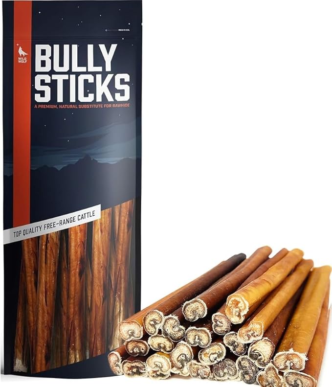 Wild Wolf 12-inch Angus Bully Sticks (1.5 Pounds) Healthy, All-Natural, Long-Lasting Dog Chew Bones - Low Odor - Mixed Thickness - Lab-Tested, Hand-Inspected and Packed with Love in The USA