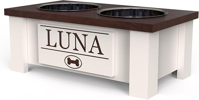 GrooveThis Woodshop - Personalized Elevated Dog Bowl Stand for Large, Medium, Small, X-Small Dogs - Stainless Steel Food and Water Bowls - Raised Dog Dish with Internal Storage (Small, Dark Walnut)