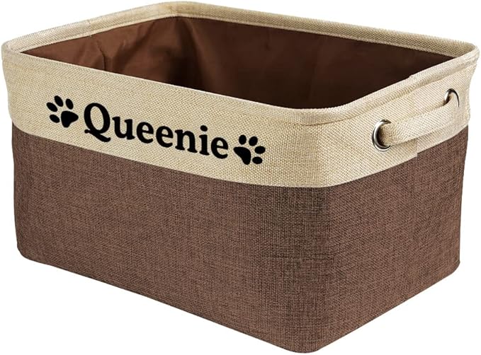 Custom Dog Cat Toys Storage Basket Bin with Name Sturdy Foldable Collapsible Cat Storage Bin with Handles for Organizing Pet Stuffs, Toys, Clothes,( Brown and White), 15" x 9.8" x 9"
