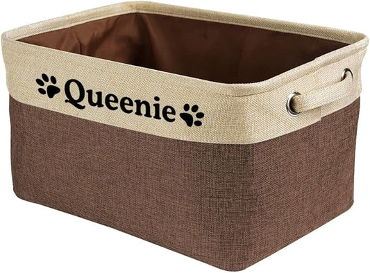 Custom Dog Cat Toys Storage Basket Bin with Name Sturdy Foldable Collapsible Cat Storage Bin with Handles for Organizing Pet Stuffs, Toys, Clothes,( Brown and White), 15" x 9.8" x 9"