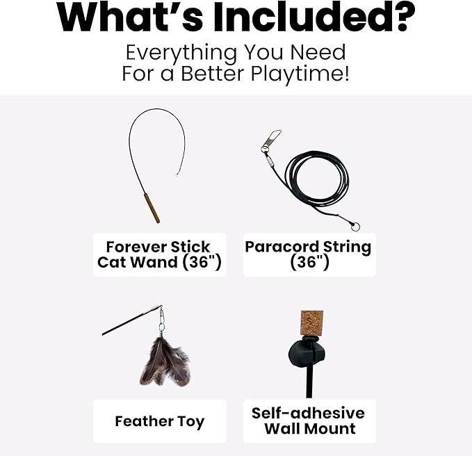 Forever Stick - The Unbreakable Cat Teaser Wand, Extra Long Durable Interactive Toy for Indoor Cats, Cat Fishing Pole Toy for Bored Indoor Adult Cats, Feather String Toy On Stick Enrichment