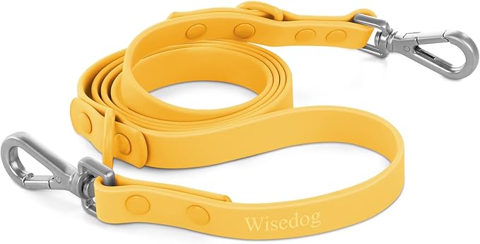 Wisedog Waterproof Dog Leash – 5ft/6ft Adjustable with 2 Hooks & Traffic Handle, Easy to Clean Double Clip Leash for Small, Medium, Large Dogs (Butter Yellow L)