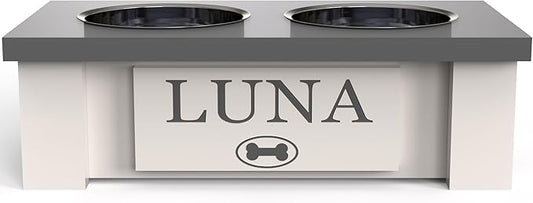 GrooveThis Woodshop - Personalized Elevated Dog Bowl Stand for Large, Medium, Small, X-Small Dogs - Stainless Steel Food and Water Bowls - Raised Dog Dish with Internal Storage (X-Small, Grey)