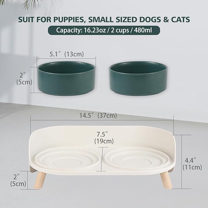 Elevated Ceramic Cat Bowl Set - Raised Double Dishes for Food & Water - Non-Slip Stand & Splash Proof - for Cats & Puppies - 2 x 480 ML - 16.23 OZ