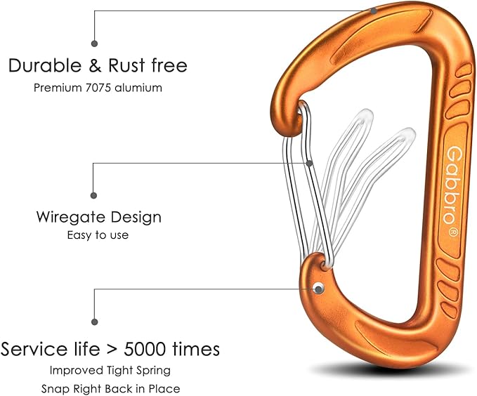 Gabbro Carabiner Clips Heavy Duty, | Wiregate Snap, Screw Locking, Aluminum, Lightweight Caribeener | for Hammock, Hiking, Camping, Water Bottle, Dog Leash Harness, Keychains