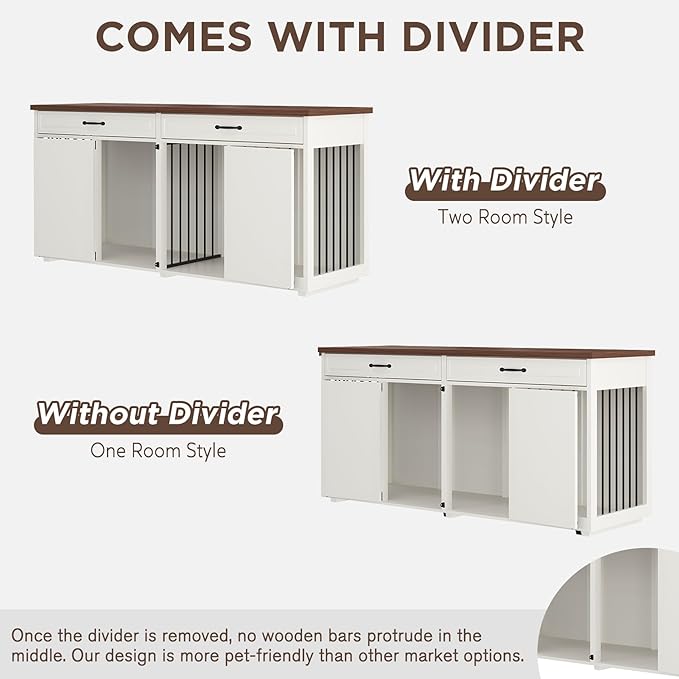 Dog Crate Furniture - Indoor Wooden Dog Kennel Furniture with 2 Drawers & Room Divider - 72" L x 23.6" W x 34" H - White