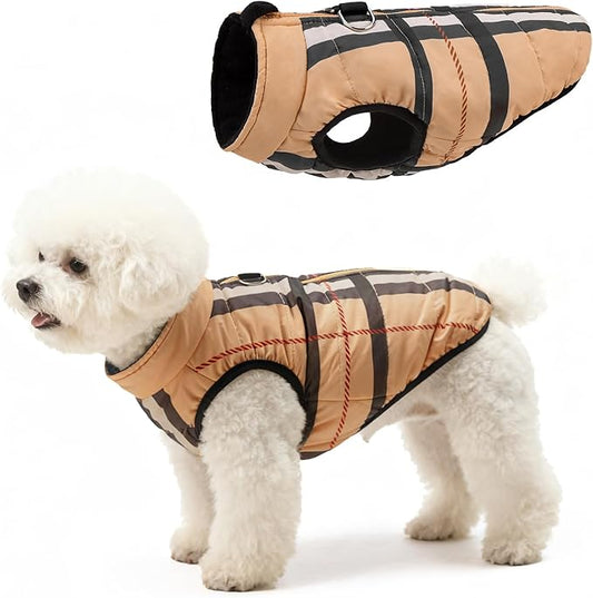 SCENEREAL Winter Dog Vest Coat with Harness Built in, Warm Puppy Jacket for Small Medium Dogs, Cold Weather Coat with Zipper, Fleece Puffer Vest Windproof Snow Clothes, Beige Plaid M