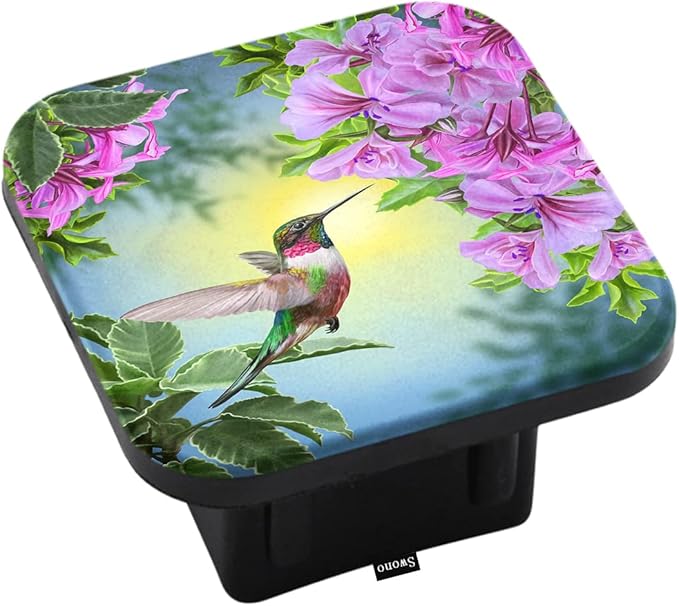 Swono Hummingbird Trailer Hitch Cover for 2" Receivers, Beautiful Garden Pink Flowers Humming Bird Rubber Tow Receiver Tube Plug Cap Fits for Any 2"X2" Square Receiver Tube for Sedans Trucks Cars