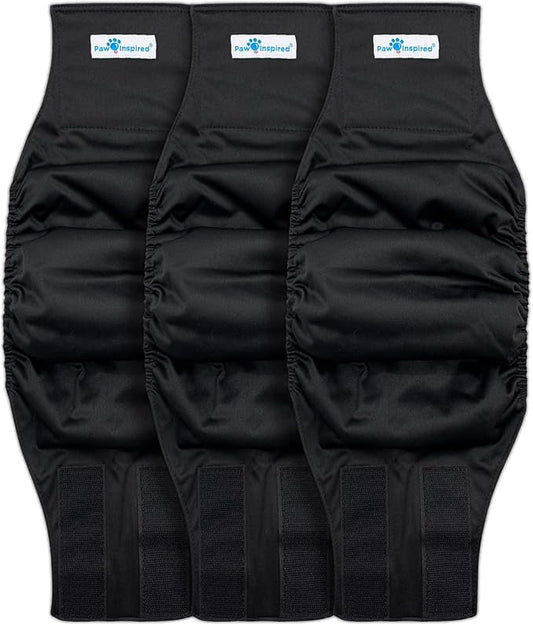 Paw Inspired 3-Count Reusable Male Dog Wraps, Washable Diapers for Male Dogs, Belly Bands for Incontinence, Surgery, Male Marking (Medium Size, Black Color with Black Lining, Pack of 3)